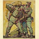 Russian Soviet Realist School Gouache On Card "Stone Quarry Workers". Bears initials lower right,