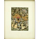 Chinese Watercolor. Depicting Numerous figures and mystical beasts. Carved wood frame. Unsigned.