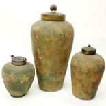 Collection of Three (3) Antique style Chinese Heavy Terra Cotta Covered Jars with Metal Lids