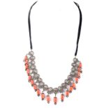 Indian Table Cut Diamond, Red Coral Bead and Silver Fringe Necklace