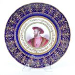 19th Century Sevres Jeweled Cobalt and Gilt Hand painted Cabinet Plate of Francois 1