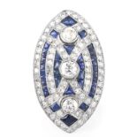 Art Deco Approx. 3.50 Carat Old European Cut Diamond, Sapphire and Filigree Platinum Ring.