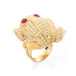 Large Approx. 6.0 Carat Pave Set Diamond and Heavy 18 Karat Yellow Gold Frog Ring with Cabochon Rub