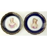Pair of 19/20th Century Sevres Chateau de St Cloud Cobalt and Gilt Hand painted Cabinet Plates. Fea