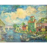 Attributed to: David Burliuk, Russian/American (1882 - 1967) Oil on Canvas "Harbor Scene with Figur