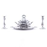 Collection of Three (3) Wallace Baroque Silver Plate Tableware. Includes: a pair of candlesticks, c