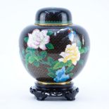 20th Century Chinese Black and Floral Cloisonné Ginger Jar on Wooden Stand. Minor rubbing to enamel