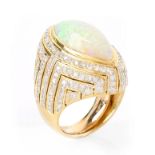 Vintage Approx. 12.0 Carat Marquise Cabochon Opal, 3.0 Carat Diamond and 18 Karat Yellow Gold Ring.