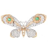 Large Antique Diamond, Emerald and 18 Karat White and Yellow Gold Butterfly Brooch. Unsigned. Very