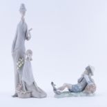 Two (2) Lladro Porcelain Figures. Includes: Tall Man With Violin and Lady 18" H, losses to flowers