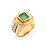 Man's Vintage Approx. 3.50 Carat Emerald, Diamond and 18 Karat Yellow Gold Ring. Emerald with vivid