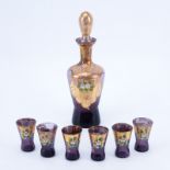 Seven (7) Piece Italian Amethyst and Gilt Art Glass Decanter and Cordials Set. Rubbing to gilt and
