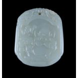 A Chinese Carved Celadon Jade Pendant with Buddha Relief. Light in color with russet streaks. Good