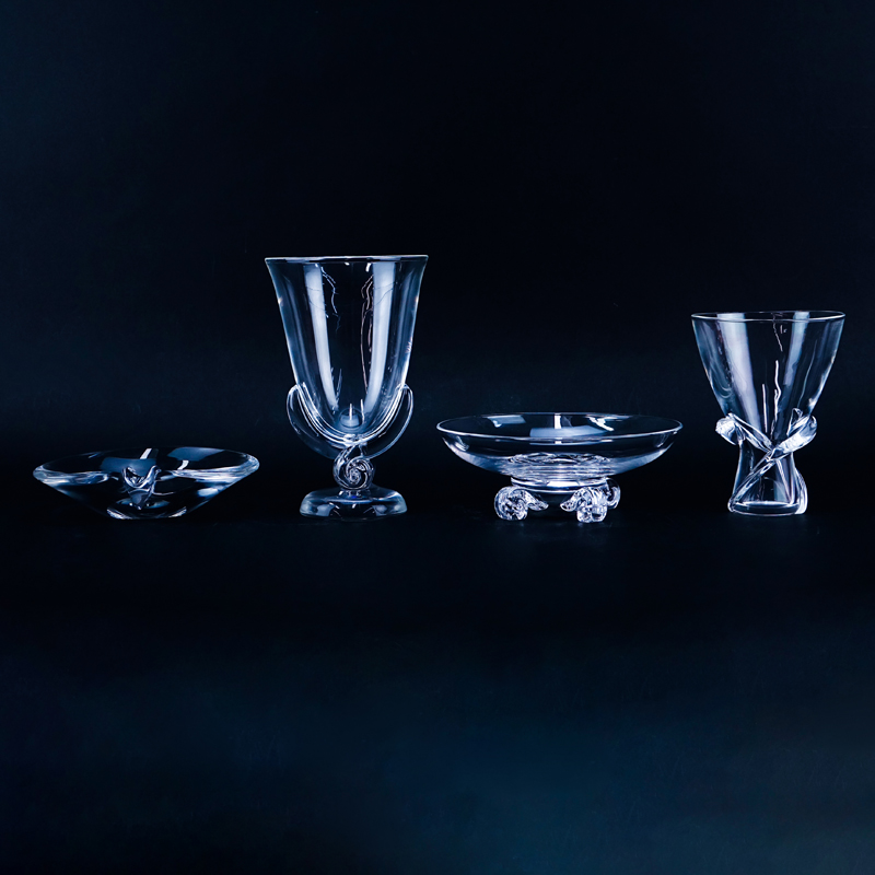 Four (4) Steuben Crystal Tableware. Includes: 2 vases, footed bowl, and dish/ ashtray. Signed. Smal