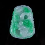 Antique Chinese Carved Apple Green Jade Pendant with High Relief Dragon. Good condition. Measures 1