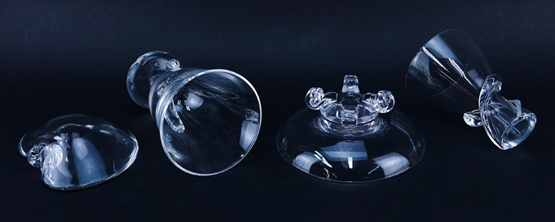 Four (4) Steuben Crystal Tableware. Includes: 2 vases, footed bowl, and dish/ ashtray. Signed. Smal - Image 2 of 4