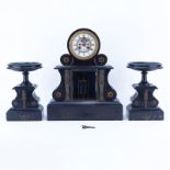 Antique Lebret French Empire Style Black Slate Clock Garniture Set. A Lebret Paris Inscribed on dia