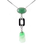 Art Deco Carved Jade, Cabochon Jade, Old European Cut Diamond, Pearl, Onyx and Platinum Pendant Nec