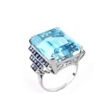 Vintage Estate Art Deco style 31.40 Carat Emerald Cut Gem Quality Aquamarine, Sapphire and Platinum