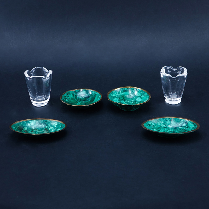 Six (6) Piece Assembled Smoking Set. Includes 4 brass mounted malachite ashtrays and 2 Steuben crys