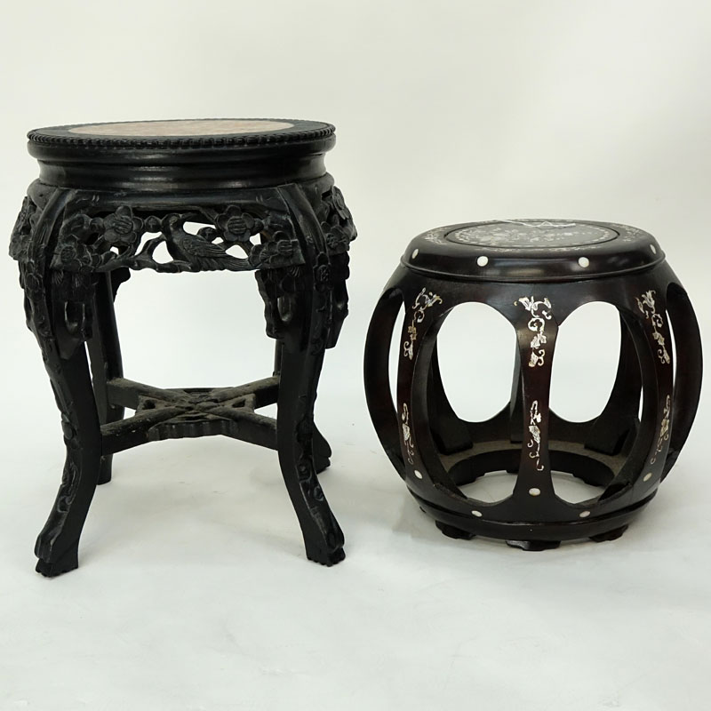 Group of Two (2): Chinese Carved Wood Marble Top stand, and Carved Wood Mother of Pearl Inlaid Barr - Image 2 of 4