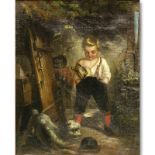 Well Done H. Michael (19/20th C.) European Oil on Canvas, Interior Scene of a Young Boy with Dog, T