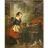 Well Done H. Michael (19/20th C.) European Oil on Canvas, Interior Scene of a Young Girl Feeding Ca