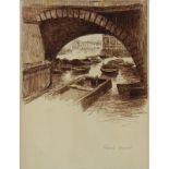 René (Ribet) Berti, Italian (1884-1939) Brown Ink on tan paper "Parisian Canal Scene" Signed in pen