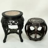 Group of Two (2): Chinese Carved Wood Marble Top stand, and Carved Wood Mother of Pearl Inlaid Barr