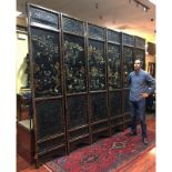 Important Palace-Size Late 19th or Early 20th Century Chinese Black Lacquer Wood, Deep Relief Carve