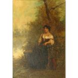Large Oil on Board, Young Girl Seated in the Woods, Signed Lower Left (illegible). Good condition.