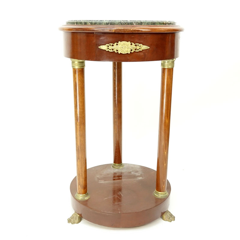 20th Century Empire Style Round Marble Top Table. Gilt brass mounted with four columns and stands o - Image 2 of 4