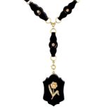 Victorian Carved Black Onyx, 14 Karat Yellow Gold and Seed Pearl Pendant Necklac