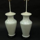 Pair of Modern Celadon Glaze Vases as Lamps. One has a repair to rim or else goo