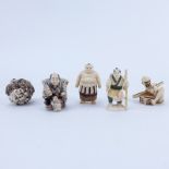 Collection of Five (5) Carved Japanese Ivory Netsuke. Some signed. Good conditio