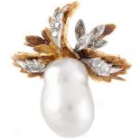 Vintage Bead Pearl, Diamond and 14 Karat Yellow Gold Pendant / Brooch. Pearl mea