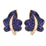 Invisible Set Square Cut Sapphire, Diamond and 18 Karat Yellow Gold Leaf Form Ea