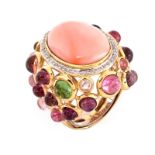 Vintage Angel Skin Coral, Cabochon Tourmaline, Diamond and 14 Karat Yellow Gold