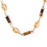 Vintage 18 Karat Yellow Gold, Tiger Eye Bead and Ivory Bead Necklace. Clasp stam