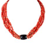 Vintage Red Coral and 14 Karat Yellow Gold Bead Multi Strand Necklace with Onyx