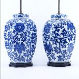 Pair of Chinese Blue and White Porcelain Covered Jars as Lamps. Crackle to glaze