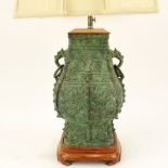 A Chinese Archaic Style Patinated Bronze Vase Mounted as Lamp with Shade. Rubbin