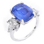 GIA Certified 5.07 Carat Cushion Cut No Heat Burma Sapphire, 1.20 Carat Marquise Cut Diamond and Pl