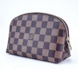 Louis Vuitton Damier Ebene Brown Coated Canvas Cosmetic Pouch. Golden brass hardware. Red leather i
