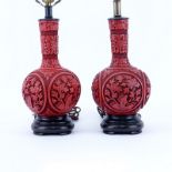Pair of Chinese Cinnabar Style Vases Mounted as Lamps. Good condition. Overall measures 21-1/2" H,