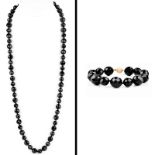 Vintage Faceted Black Onyx Bead Necklace and Bracelet Suite Each with 14 Karat Yellow Gold Clasp. S
