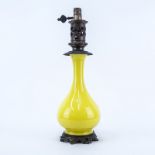 Vintage Yellow Opaline Glass Vase Mounted As Lamp. Has hardware for an oil lamp and electrified. Go