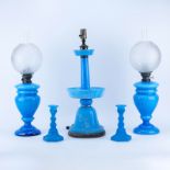 Grouping of Five (5): Pair of Opaline Glass Converted as Oil Lamps, Bristol Glass Lamp, and Pair of