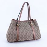 Gucci Beige/Metallic Brown And Leather Monogram Canvas Twins PM Tote. Gold and silver tone hardware