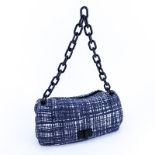Prada Blue and White Tweed Flap Bag. Black lucite chain and hardware. Blue and pink leather interio